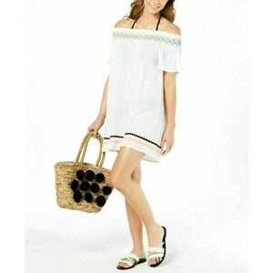 Miken Embroidered Off-The-Shoulder Swimsuit Cover-Up Dress Size Small White NEW